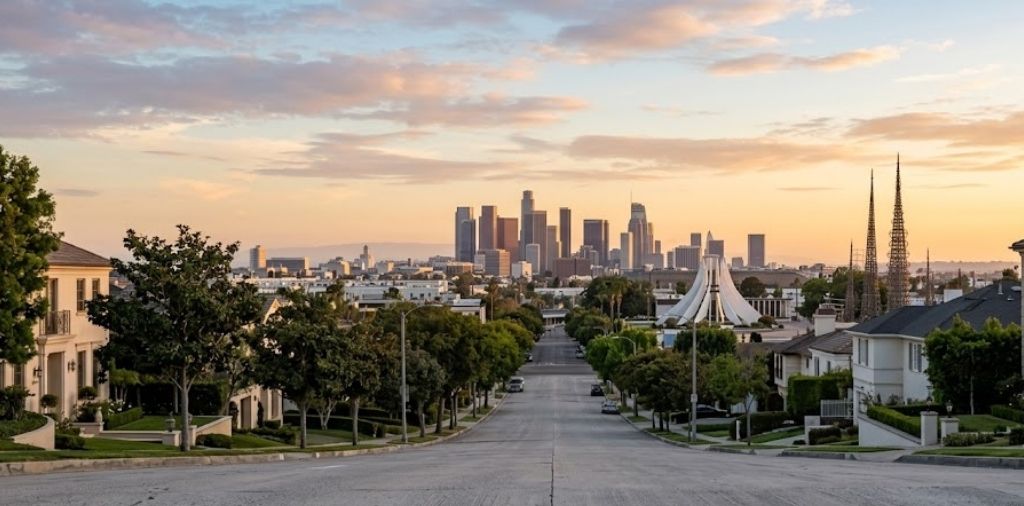 Residential street in the Compton area with the Los Angeles skyline in the distance